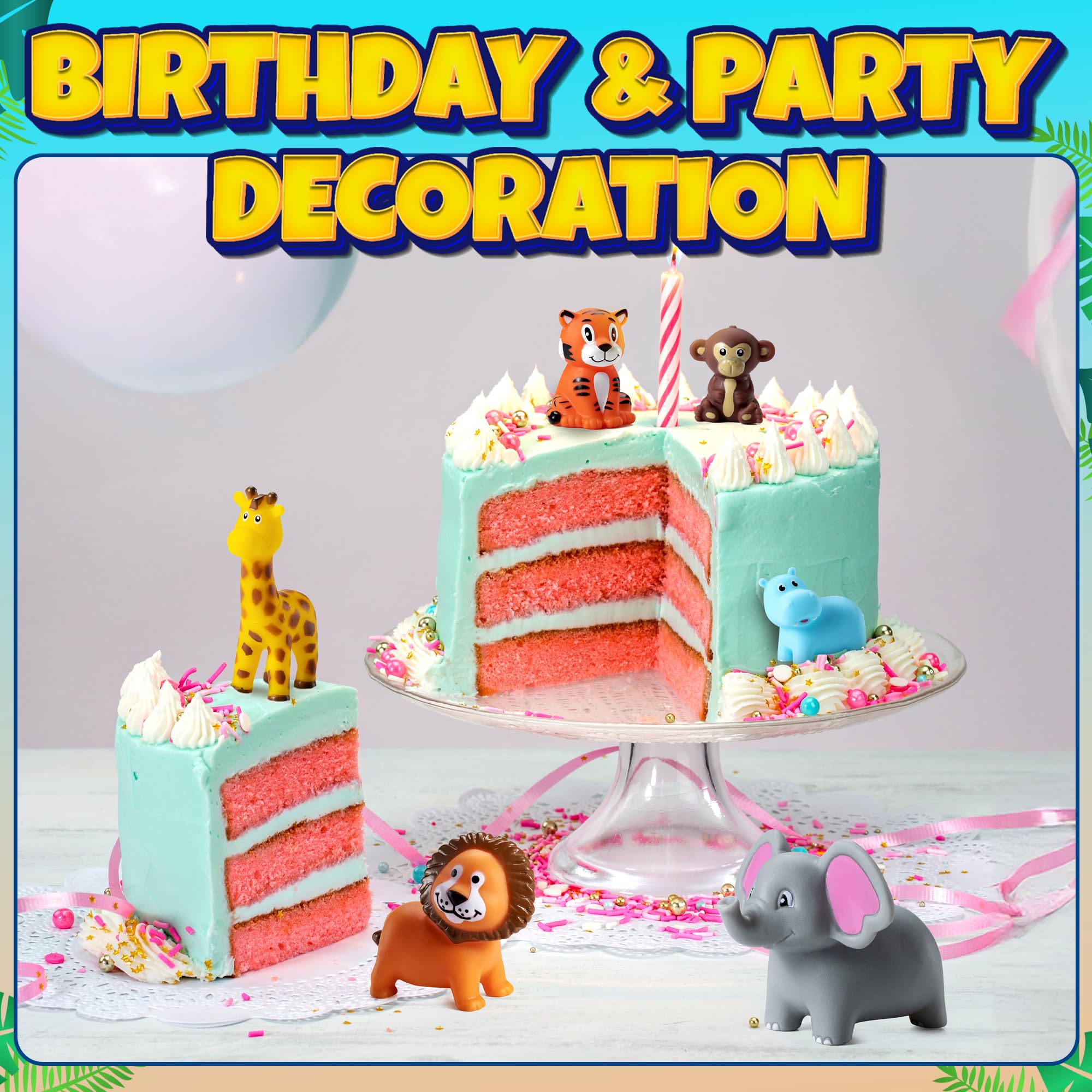 Mini Zoo Animals Bath Toys - Vinyl Rubber Jungle Safari Animal Figures, Squeezable Bath Tub Toys for Kids, Baby Shower, Birthday Party Supplies, Favors, Cake Decor, Table Decorations